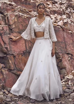 Ivory Embroidered Jacket With Blouse And Lehenga