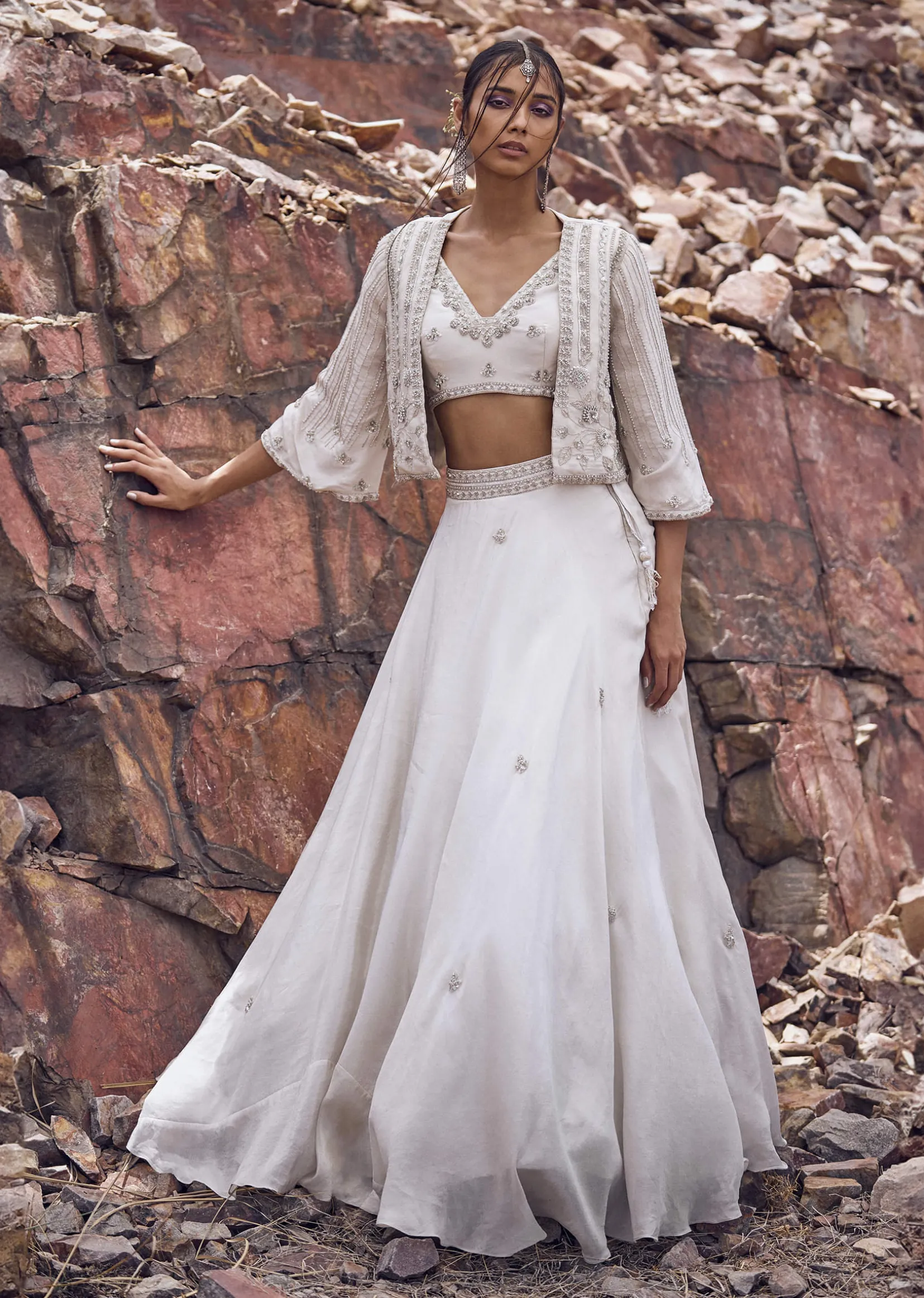Ivory Embroidered Jacket With Blouse And Lehenga