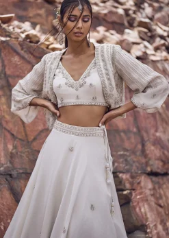 Ivory Embroidered Jacket With Blouse And Lehenga