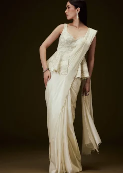 Ivory Embroidered Peplum Top With Saree