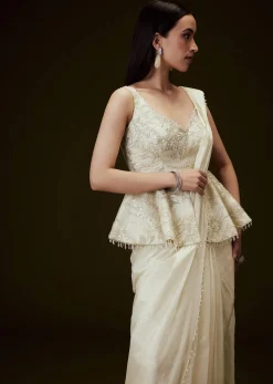 Ivory Embroidered Peplum Top With Saree