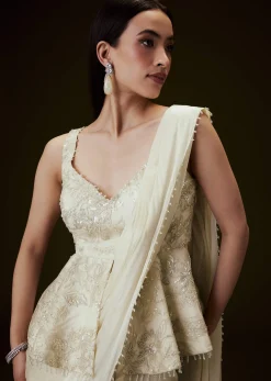 Ivory Embroidered Peplum Top With Saree