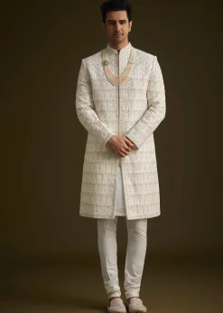 Ivory Embroidered Sherwani With Classic Pearl Detailing