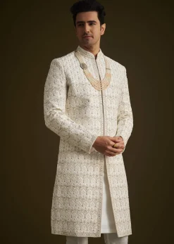Ivory Embroidered Sherwani With Classic Pearl Detailing