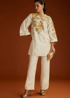Ivory Floral Applique Work Kurta Pant Set With Gotta Lace