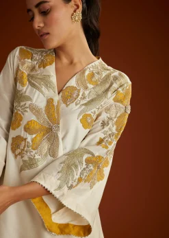 Ivory Floral Applique Work Kurta Pant Set With Gotta Lace