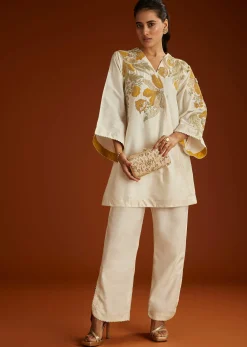 Ivory Floral Applique Work Kurta Pant Set With Gotta Lace