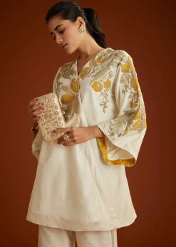 Ivory Floral Applique Work Kurta Pant Set With Gotta Lace