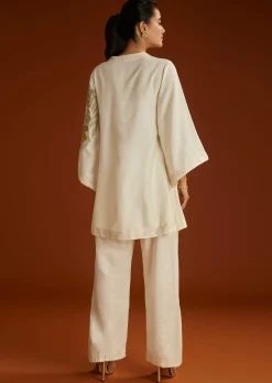 Ivory Floral Applique Work Kurta Pant Set With Gotta Lace