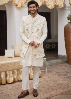 Ivory Floral Embroidered Jacket Kurta Set
