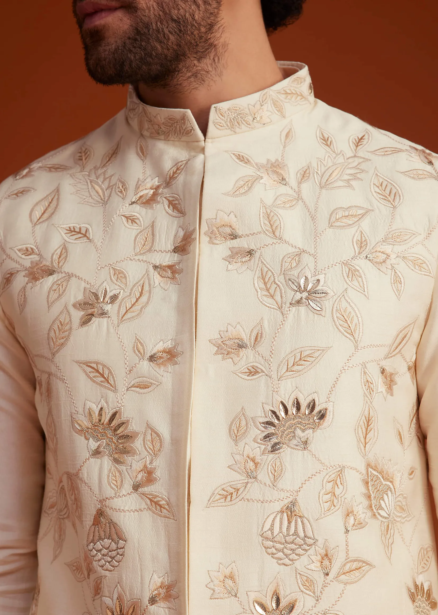Ivory Floral Embroidered Jacket Kurta Set