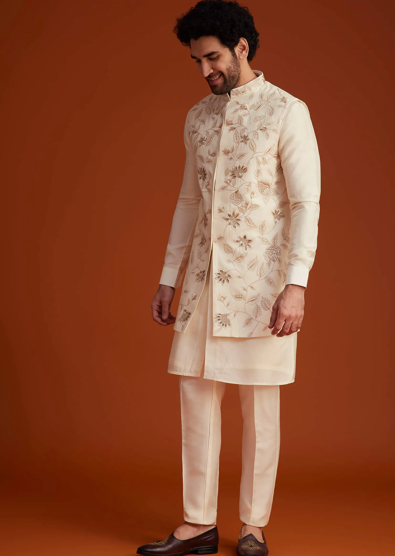 Ivory Floral Embroidered Jacket Kurta Set