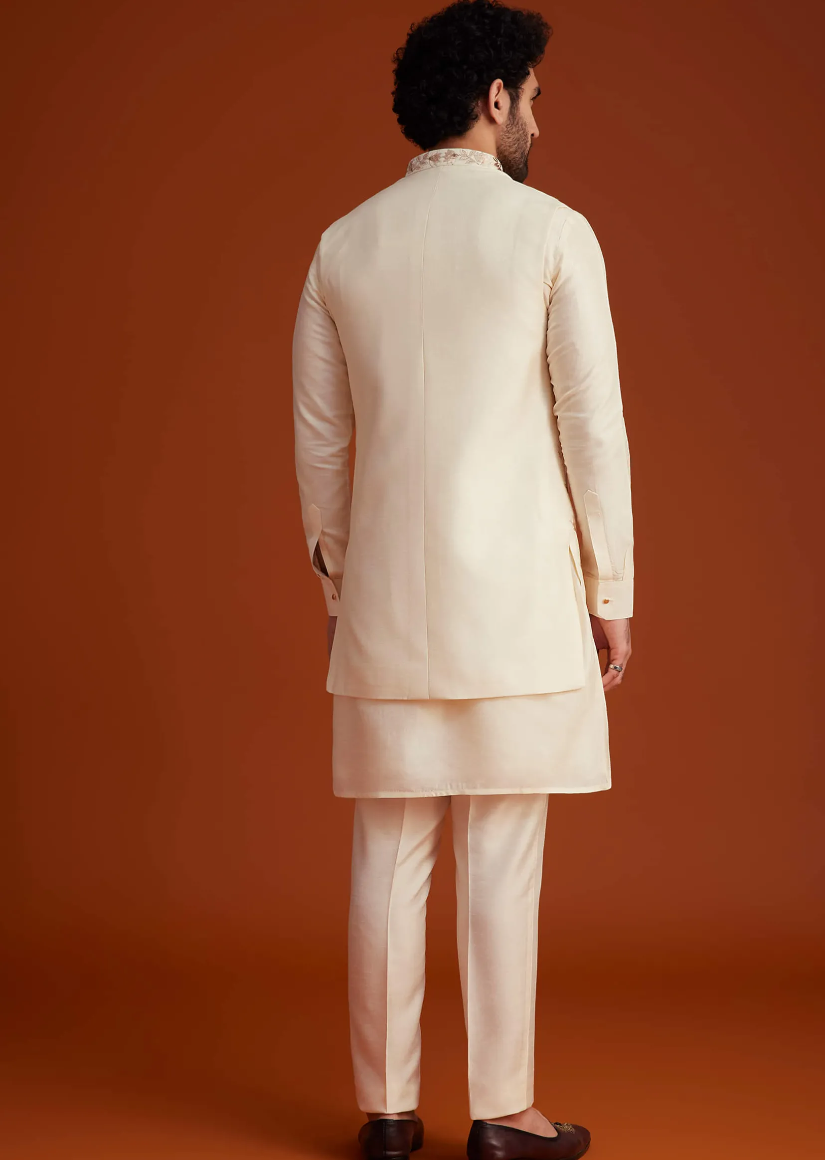 Ivory Floral Embroidered Jacket Kurta Set