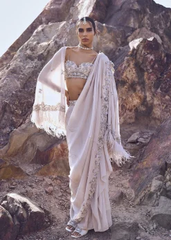 Ivory Hand Embroidered Tissue Pre Stitched Saree With Cape