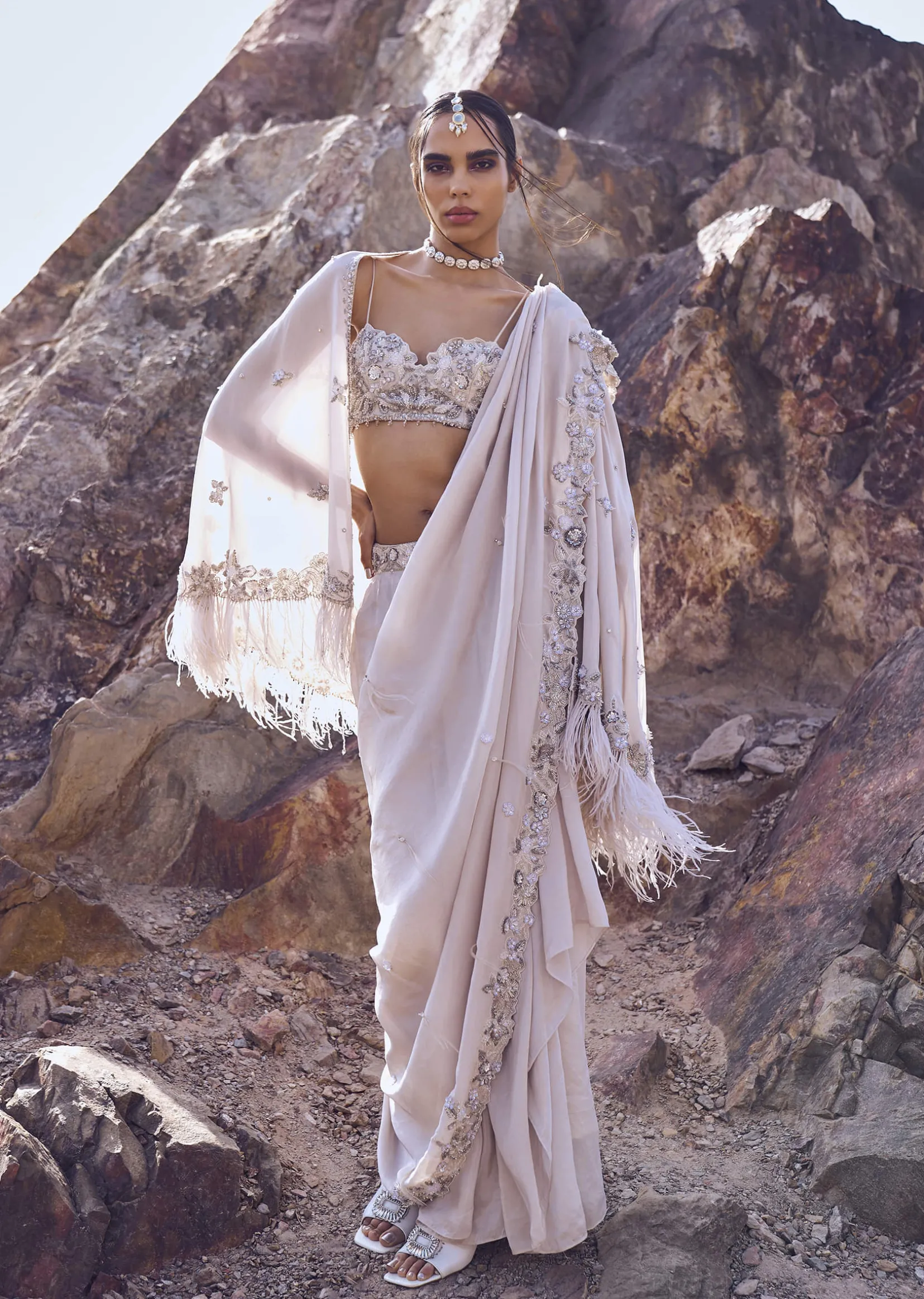 Ivory Hand Embroidered Tissue Pre Stitched Saree With Cape