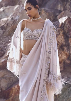 Ivory Hand Embroidered Tissue Pre Stitched Saree With Cape