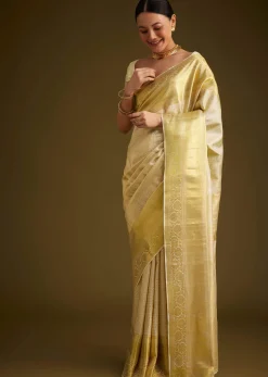 Ivory Kanjivaram Silk Saree With Golden Zari Border