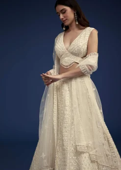 Ivory Lehenga Set With Moti And Resham Work