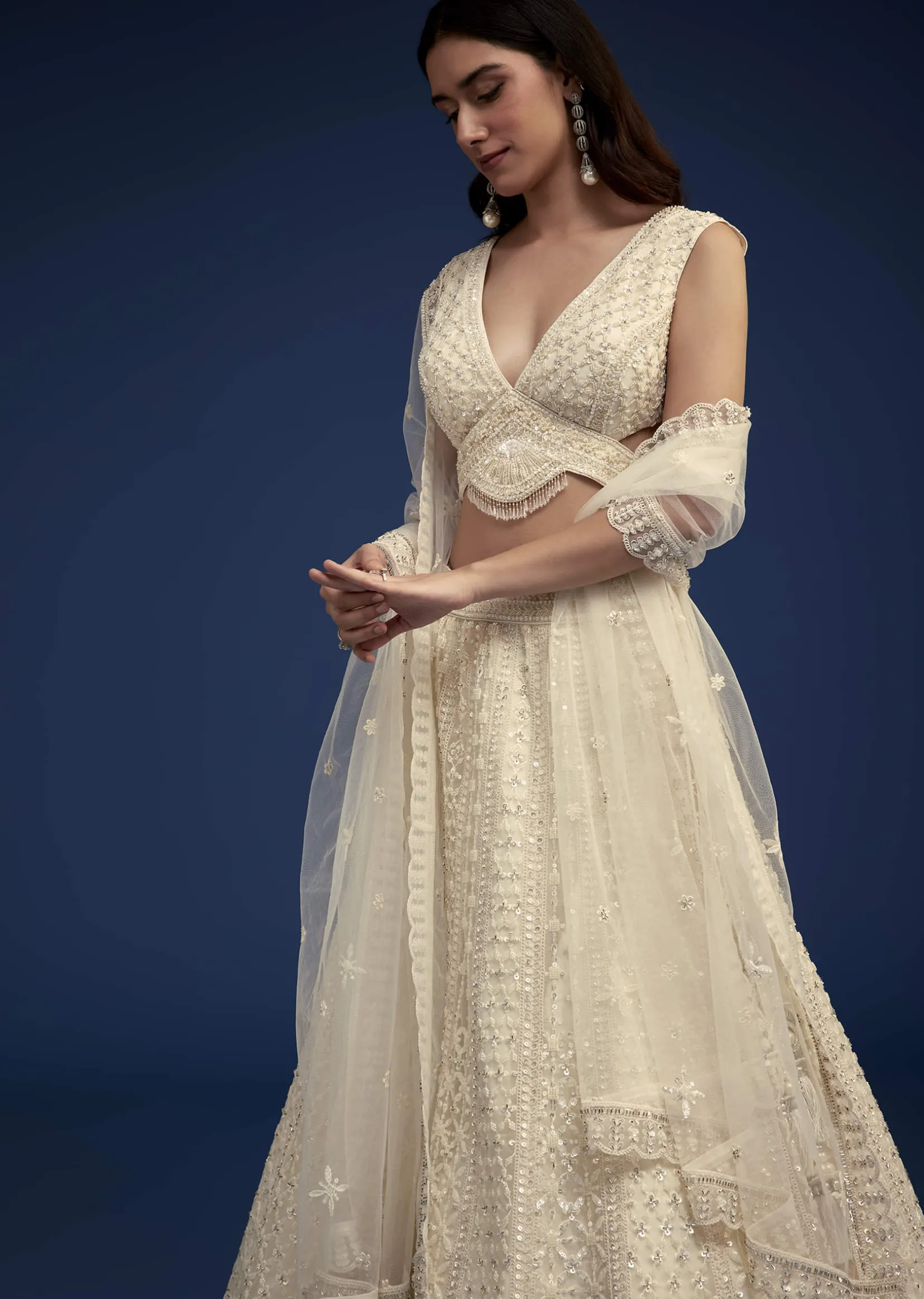 Ivory Lehenga Set With Moti And Resham Work