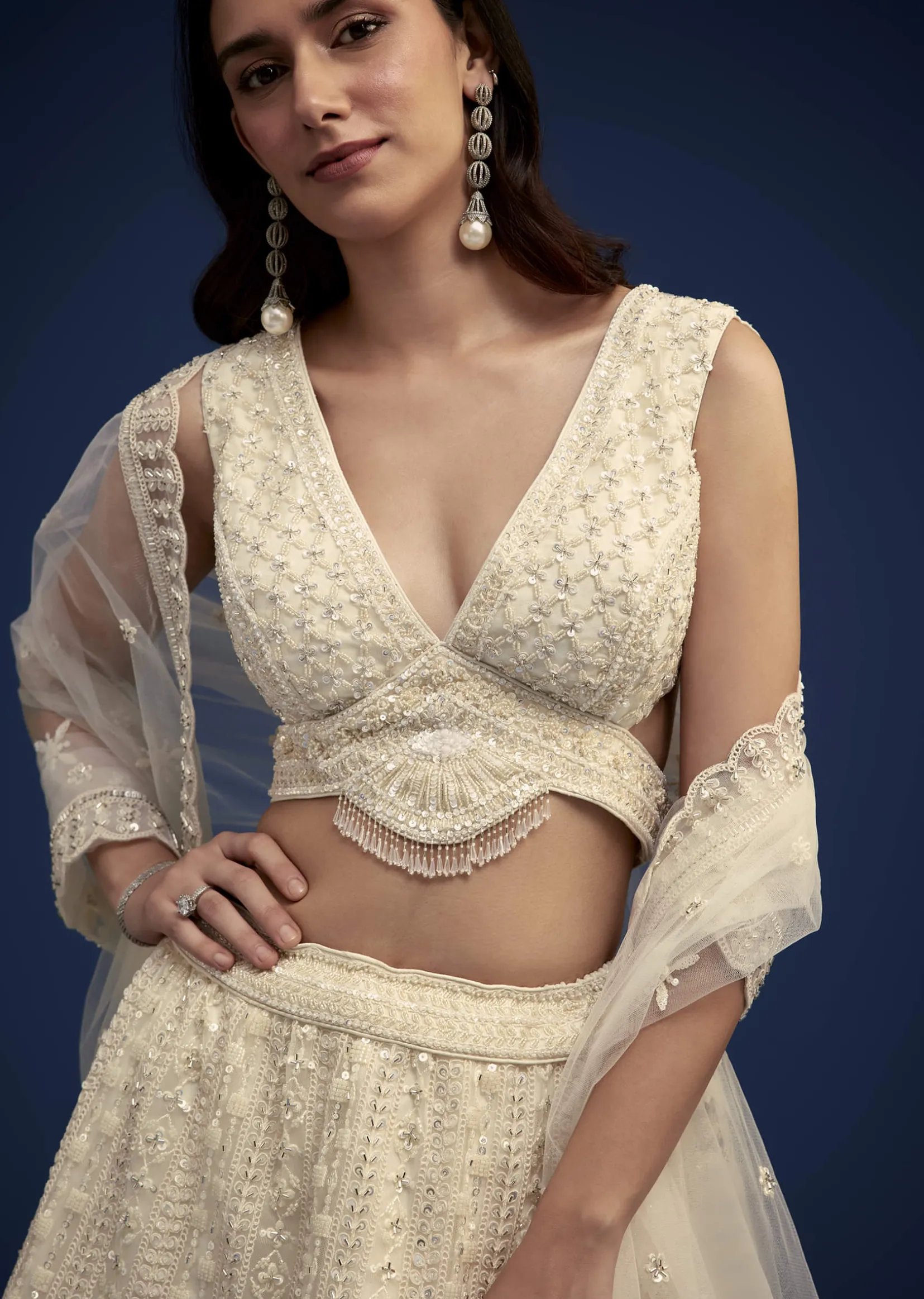 Ivory Lehenga Set With Moti And Resham Work