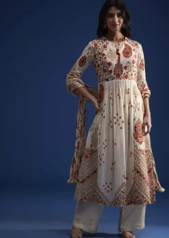 Ivory Linen Kurta Set With Floral Resham Work