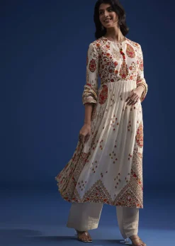 Ivory Linen Kurta Set With Floral Resham Work