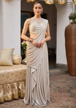 Ivory Lycra Draped Saree With Embroidered Blouse