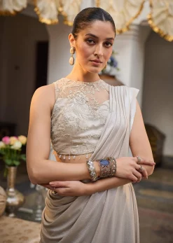 Ivory Lycra Draped Saree With Embroidered Blouse