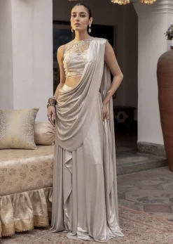 Ivory Lycra Draped Saree With Embroidered Blouse