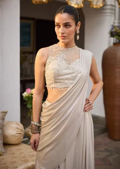Ivory Lycra Draped Saree With Embroidered Blouse
