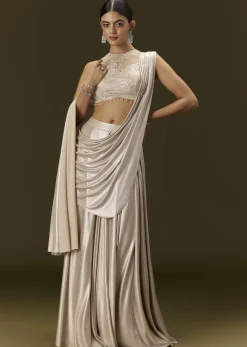 Ivory Lycra Draped Saree With Embroidered Blouse