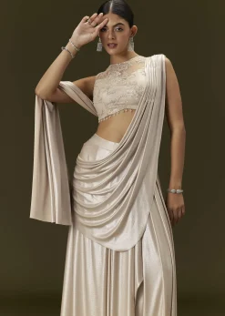 Ivory Lycra Draped Saree With Embroidered Blouse