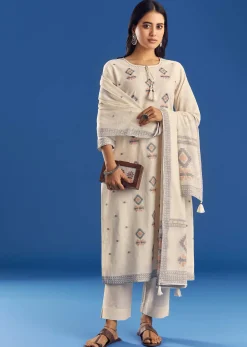 Ivory Mul Cotton Kurta Set With Thread Weaving And Dupatta