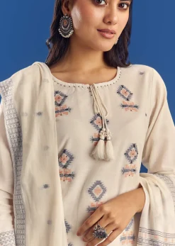 Ivory Mul Cotton Kurta Set With Thread Weaving And Dupatta