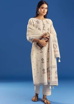 Ivory Mul Cotton Kurta Set With Thread Weaving And Dupatta