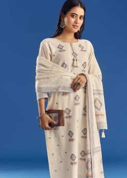 Ivory Mul Cotton Kurta Set With Thread Weaving And Dupatta
