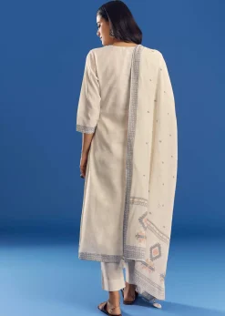 Ivory Mul Cotton Kurta Set With Thread Weaving And Dupatta
