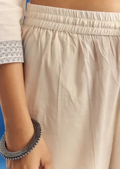 Ivory Mul Cotton Kurta Set With Thread Weaving And Dupatta