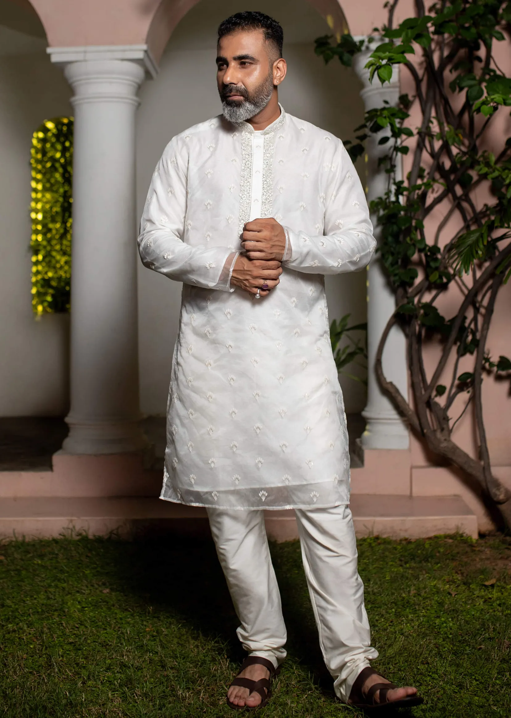 Ivory Organza Zari Embroidered Kurta Set With Butti Work