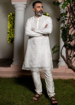 Ivory Organza Zari Embroidered Kurta Set With Butti Work