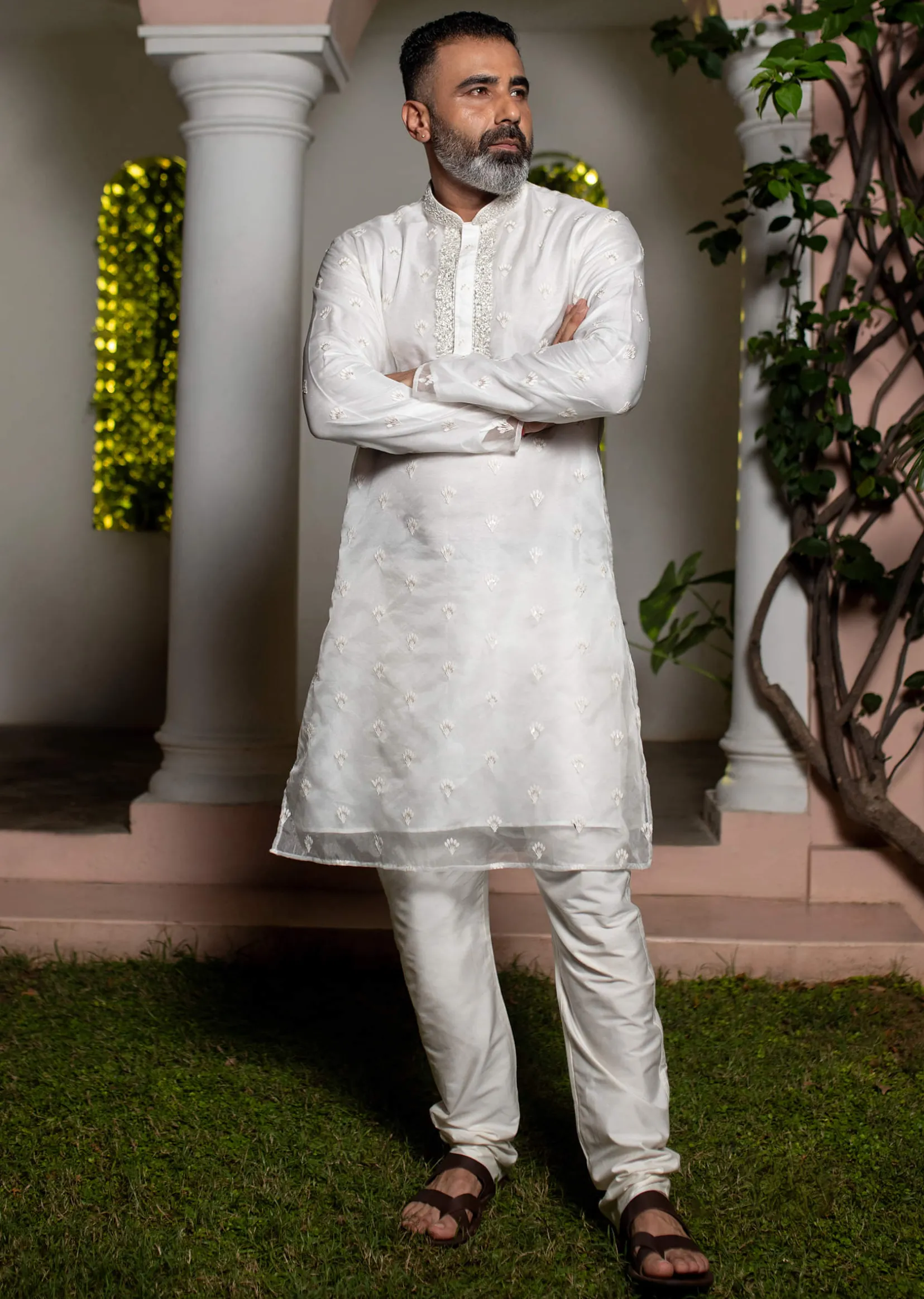 Ivory Organza Zari Embroidered Kurta Set With Butti Work