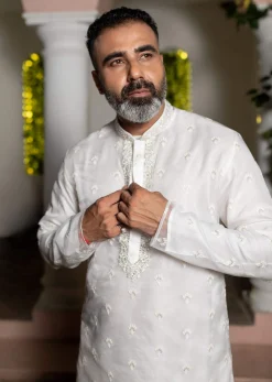 Ivory Organza Zari Embroidered Kurta Set With Butti Work