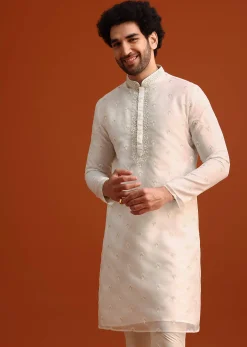 Ivory Organza Zari Embroidered Kurta Set With Butti Work