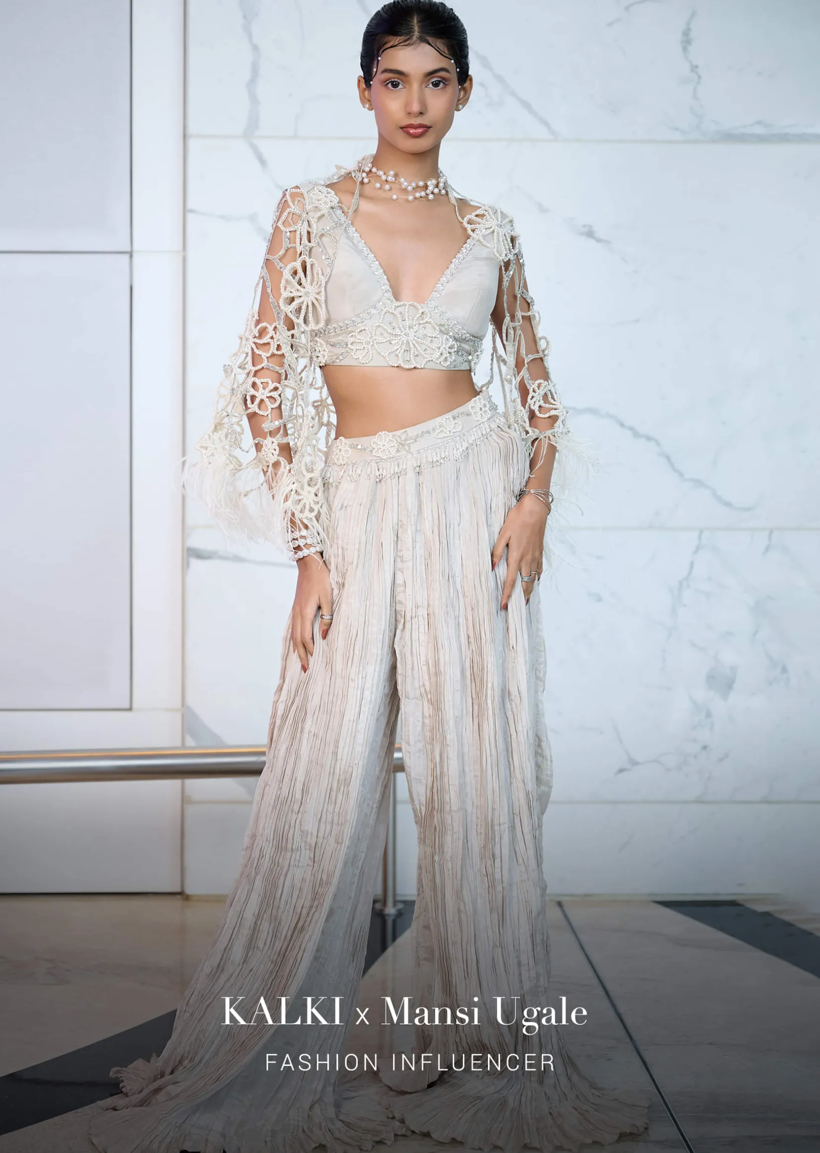 Ivory Patchwork Blouse With Cutwork Jacket And Ruched Palazzo