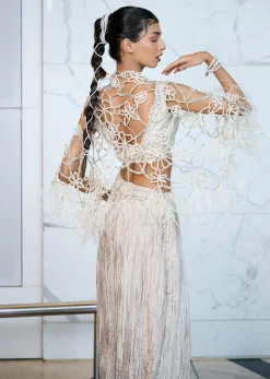 Ivory Patchwork Blouse With Cutwork Jacket And Ruched Palazzo