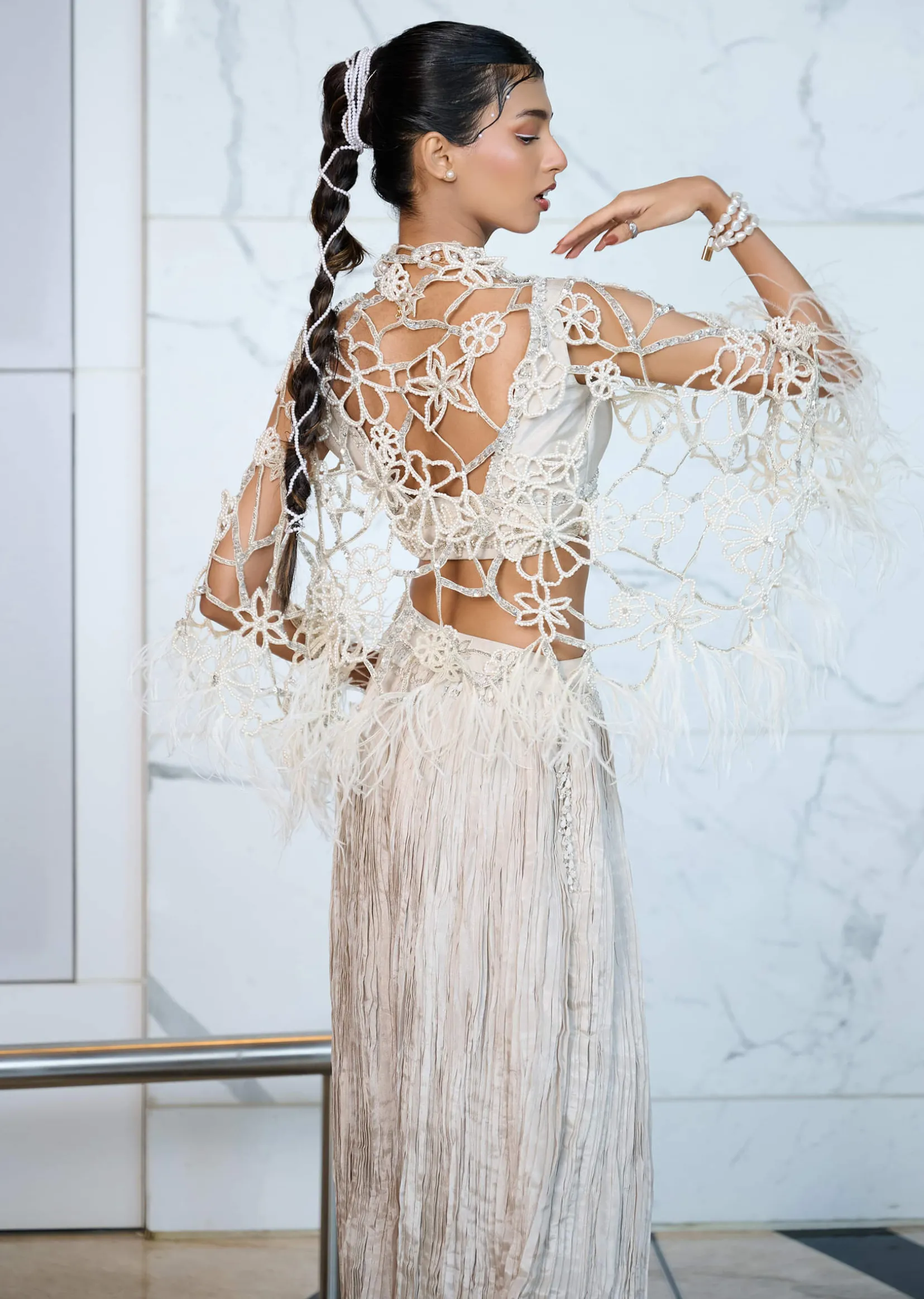 Ivory Patchwork Blouse With Cutwork Jacket And Ruched Palazzo