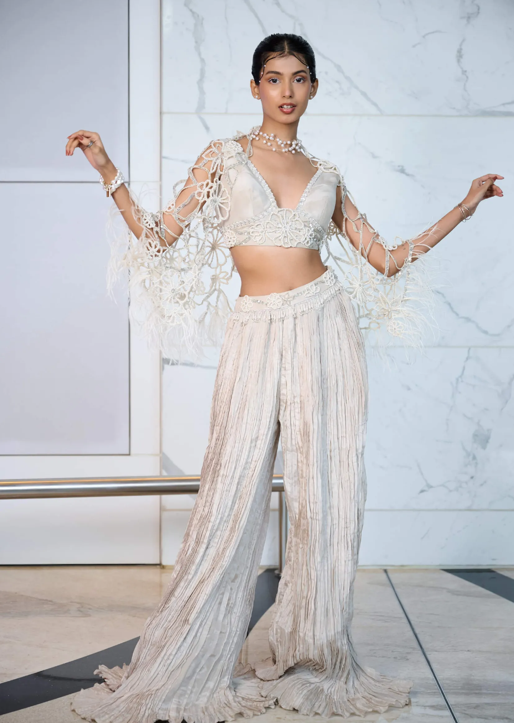 Ivory Patchwork Blouse With Cutwork Jacket And Ruched Palazzo