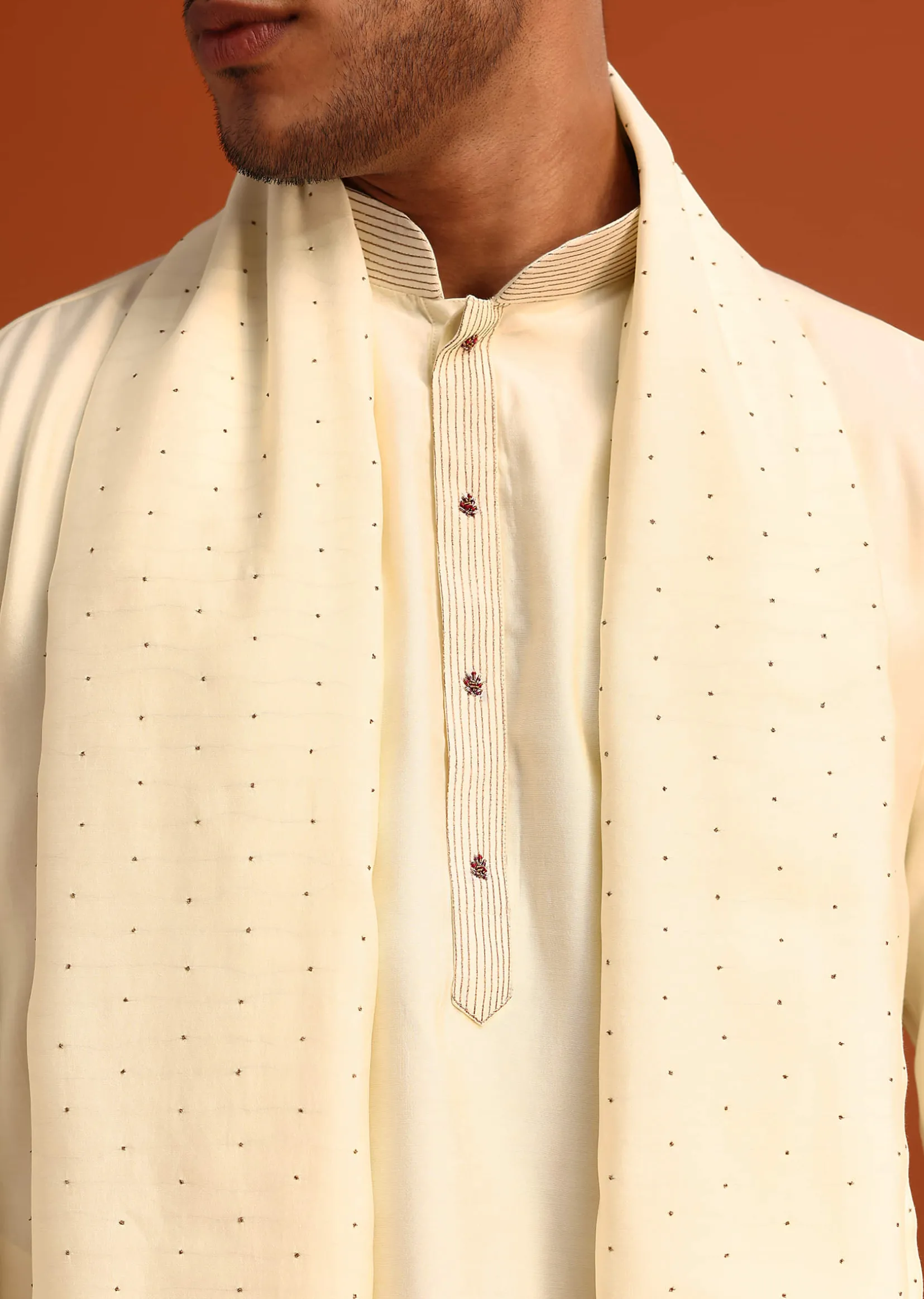 Ivory Plain Kurta Set With Hand Work Dupatta