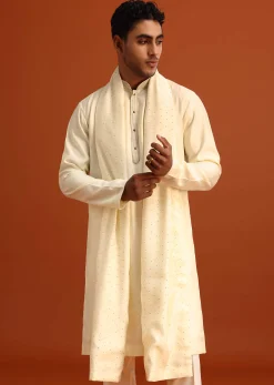 Ivory Plain Kurta Set With Hand Work Dupatta