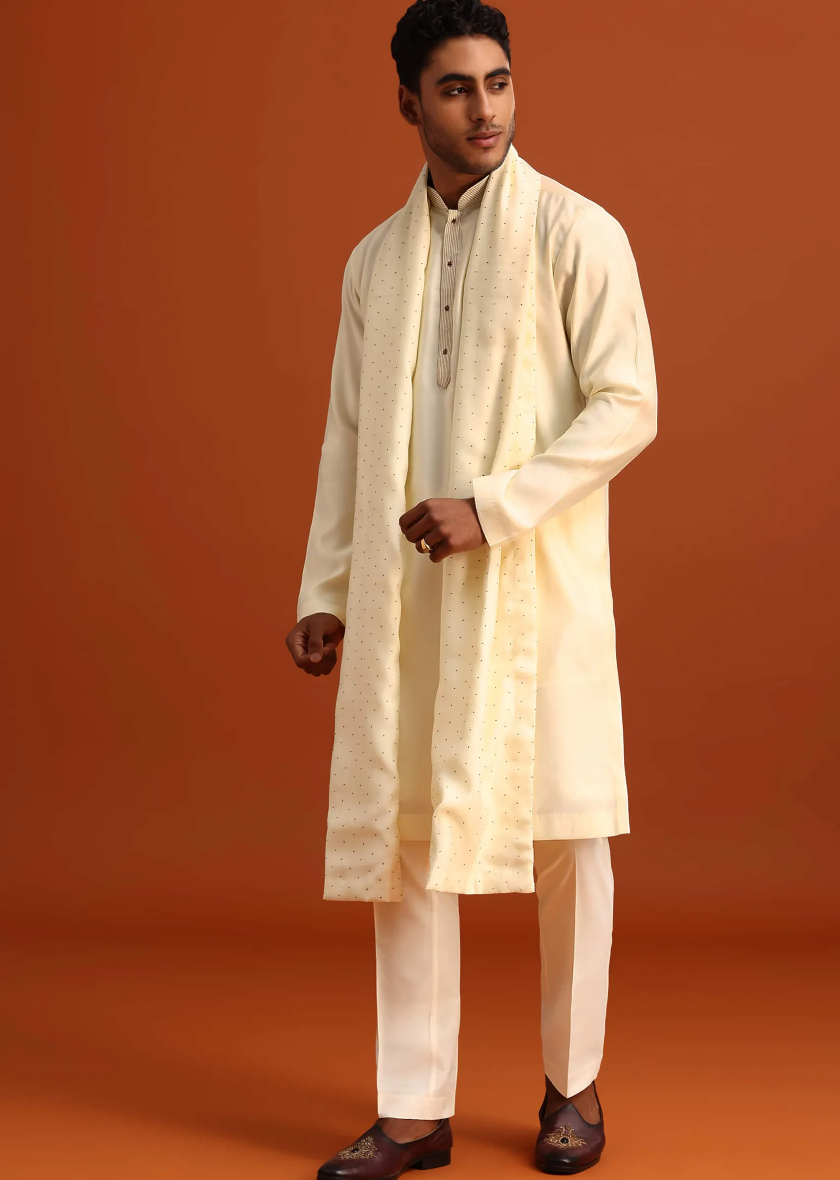 Ivory Plain Kurta Set With Hand Work Dupatta